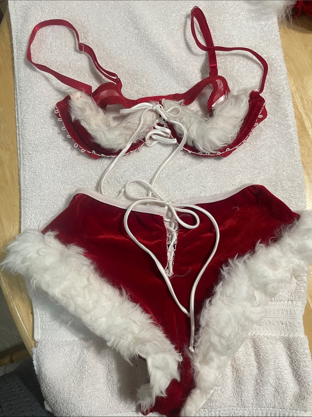 Shirley of Hollywood Red Velvet Faux Fur Holiday Bra & High-Waist Shorts